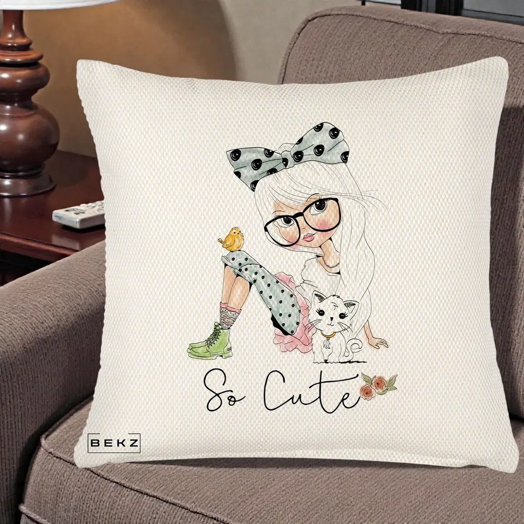 Perna Decorativa So Cute Fata Fashion, 40x40 cm, Crem Reliefat, Husa Detasabila, Perna Inclusa, BEKZ®