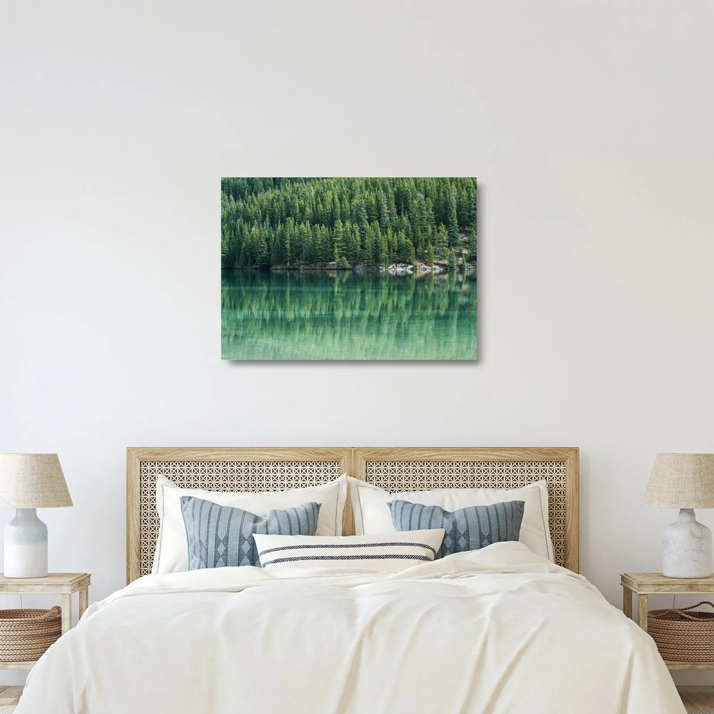 Tablou pe sticlă - Coniferi lângă lac (70x50 cm)