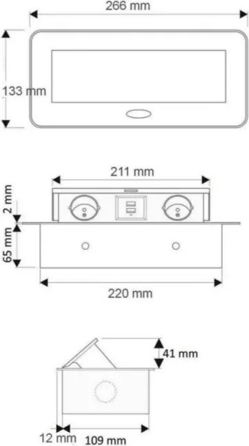 Priză încorporabilă în blat Kombibox Design Light, 2 prize Schuko, 2 USB, aluminiu, 266 x 133 cm Metal, Aluminiu, L:266 mm; l:133 mm