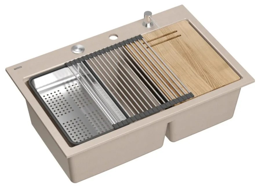 Statie de lucru incastrata Quadron Unique Marc 120 bej - inox 2 cuve 76x50 cm