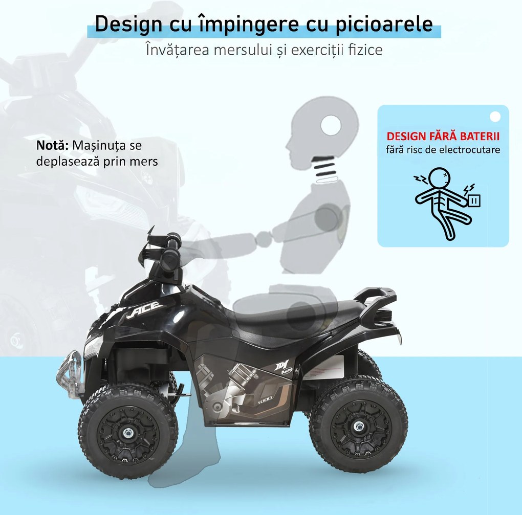 HOMCOM Mini quad pentru copii 18-36 luni, fără pedale, cu muzică și mânere late, PP și metal, negru | Aosom Romania