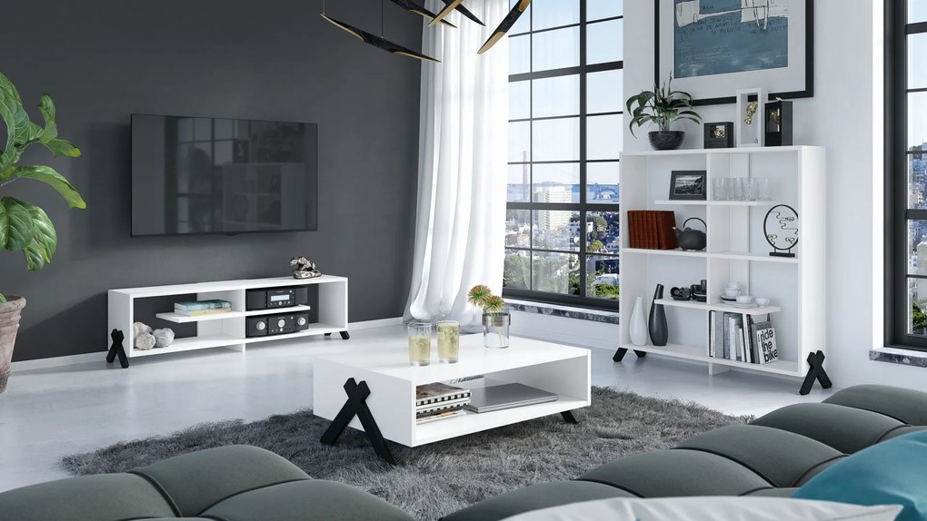 Set de mobilier VIK Alb Mat - DULAP Radio TV/ PENTRU PENTRU TV + MASĂ / BANCĂ + BIBLIOTECĂ | SET DE MOBILIER CAMERA DE ZI