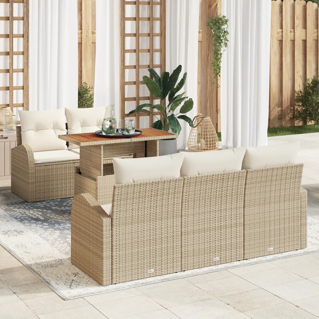 vidaXL Set dining grădină 6 piese cu perne Bej Ratan Poliester