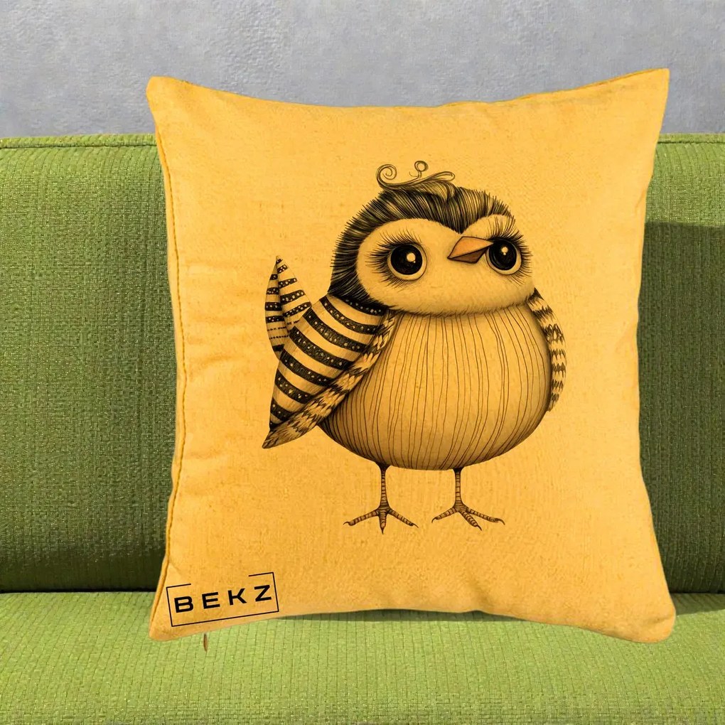 Perna Decorativa Pui Elegant Alb-Negru, 40x40 cm, Galben, Husa Detasabila, Perna Inclusa, BEKZ®