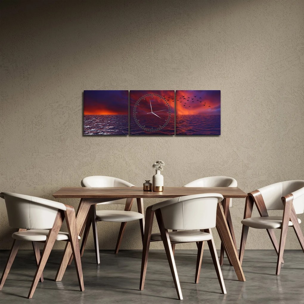 Tablou cu mare și păsări (cu ceas) (90x30 cm)