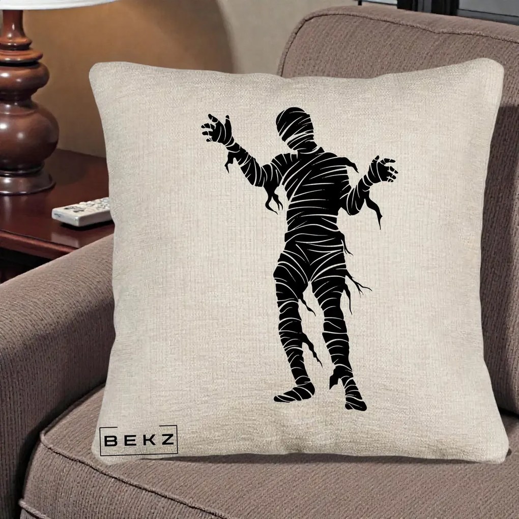 Perna Decorativa Mormii Infricosat Silueta Neagra Halloween, 40x40 cm, Bej Canapea, Husa Detasabila, Perna Inclusa, BEKZ®