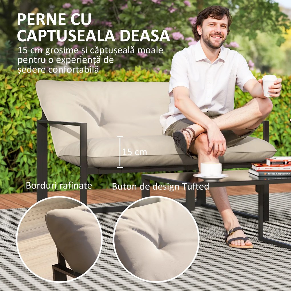 Outsunny Set Mobilier de Exterior cu Masă din Sticlă, Canapea, 2 Fotolii și Perne, Bej | Aosom Romania