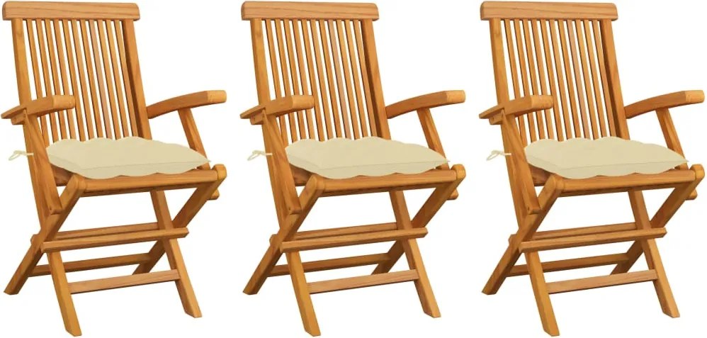 vidaXL Scaune de grădină cu perne alb crem, 3 buc., lemn masiv de tec
