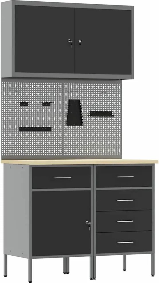 vidaXL Dulap de lucru cu sertar 5 pcs Negru Lemn ingineresc și oțel