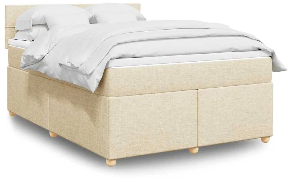 vidaXL Pat box spring cu saltea, crem, 140x200 cm, textil