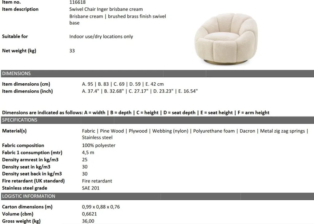 Fotoliu pivotant design elegant Inger, Brisbane cream