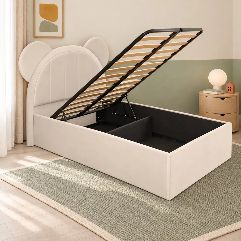 Pat tapițat pentru copii din catifea Varen 120×200 cm, crem, cu ladă de depozitare