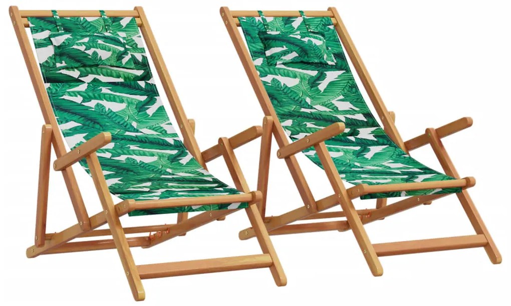 vidaXL Scaune de plajă pliabile 2 buc model frunze, textil/lemn masiv