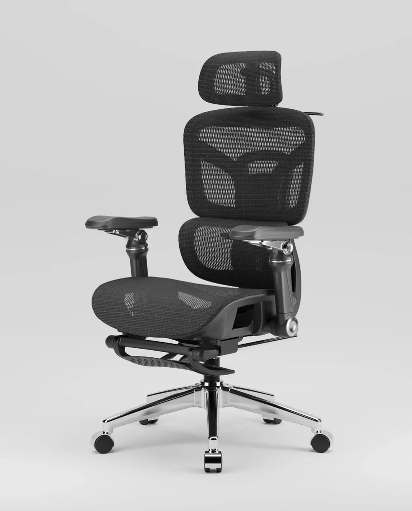 Scaun ergonomic, Sezut translatie, cotiere 9D, tetiera 3D, suport lombar 3D Adaptive, pivotant, suport picioare, Negru