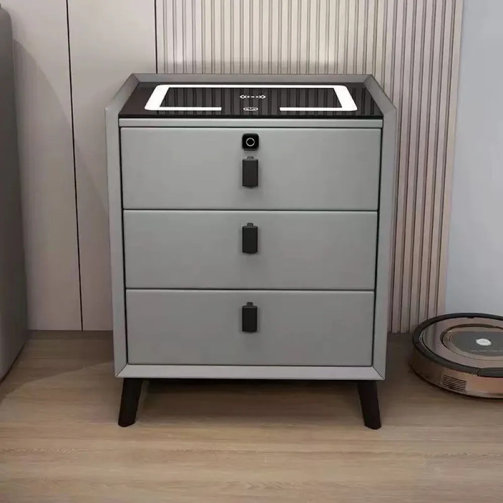 Noptieră inteligentă multifuncțională, 3 sertare, blocare cu amprentă, LED-uri tactile, 3 tipuri de culoare, încărcare fără fir, Difuzor Bluetooth, incarcare USB, sticla securizata, Gri