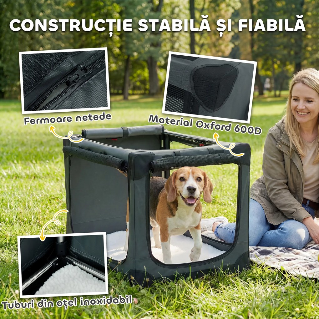 PawHut Cușcă de Transport Pliabilă pentru Câini și Pisici cu Pernă, Husă Lavabilă, Uși, din Oxford Respirabil 600D, 76x54x54 cm, Verde | Aosom Romania