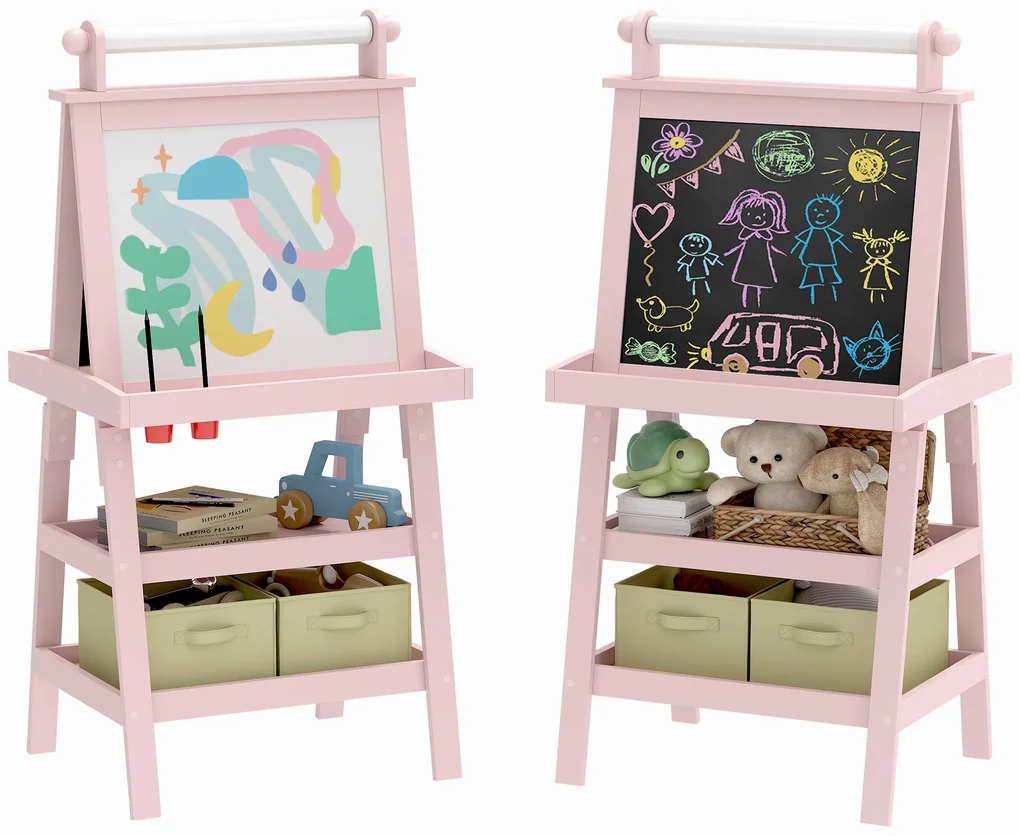 AIYAPLAY Tablă de Desen Dublă Pentru Copii 3-6 Ani, 59x48x118 cm, Roz | Aosom Romania