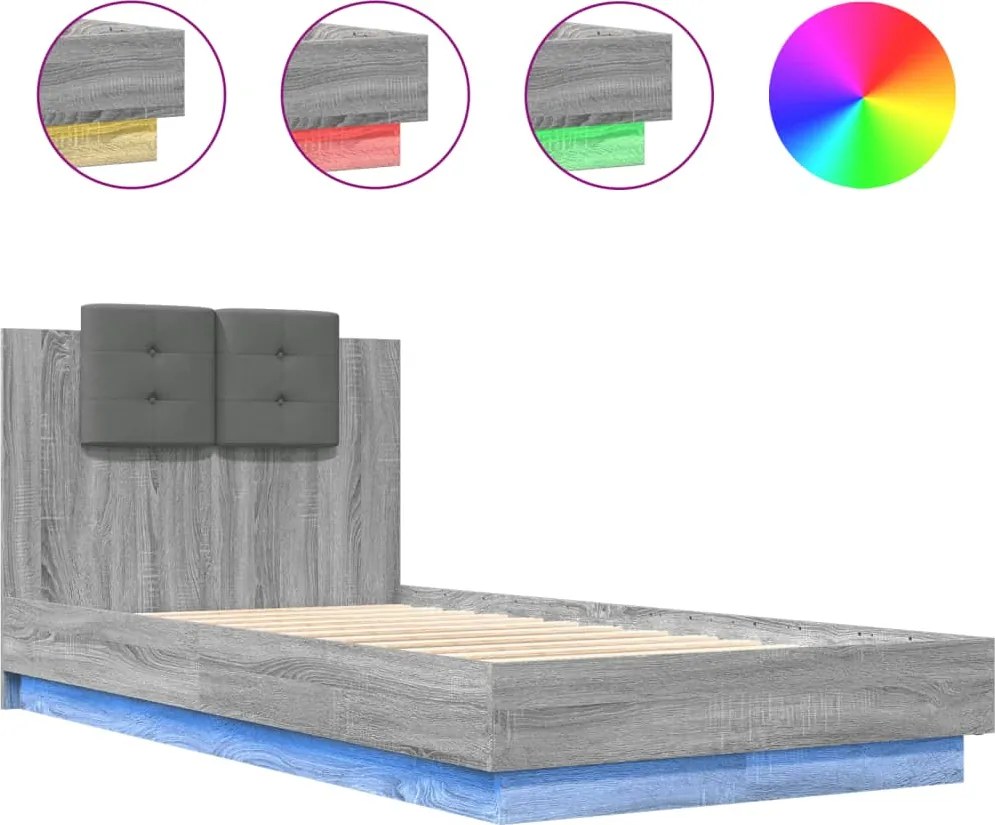 vidaXL Cadru de pat cu tăblie și lumini LED, gri sonoma, 75x190 cm