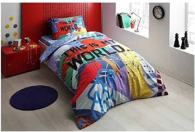 Set lenjerie de pat din bumbac pentru pat de o persoană Ranforce My World, 160 x 220 cm