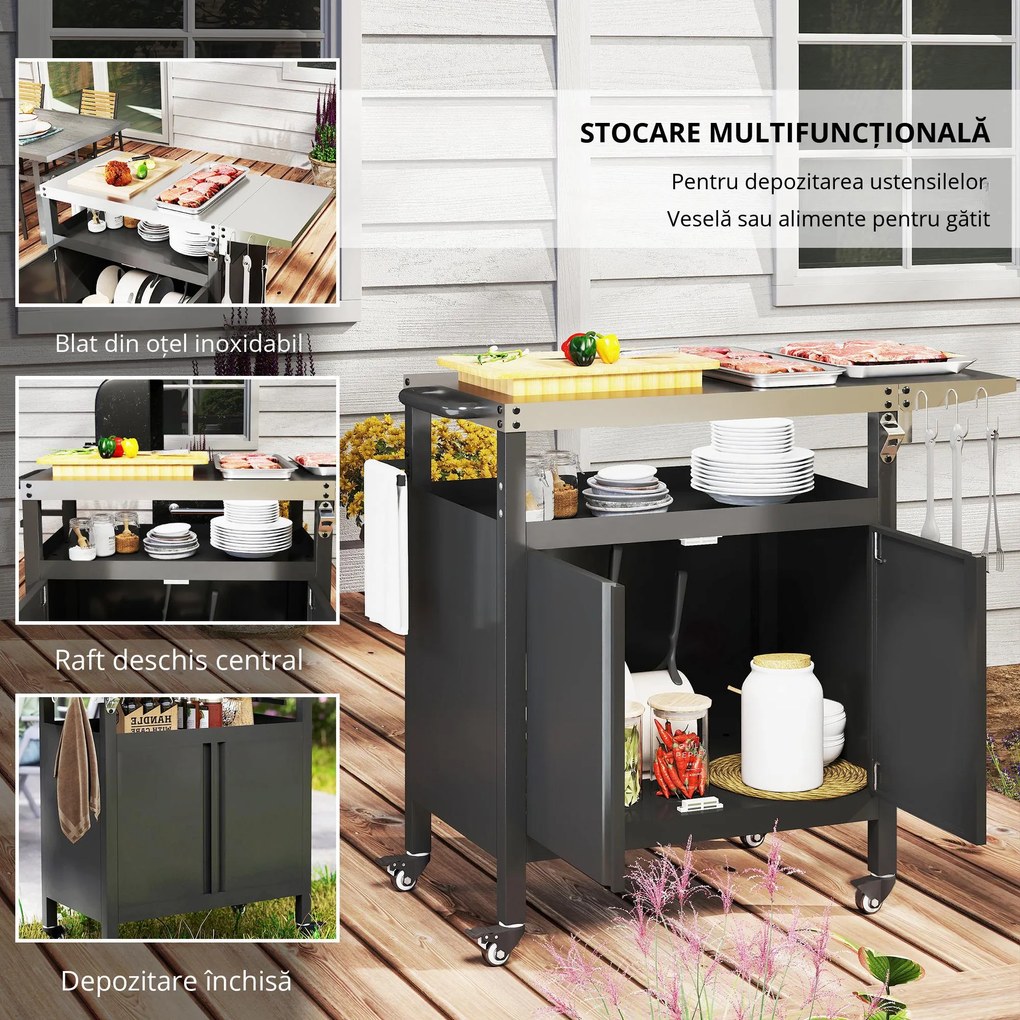Outsunny Cărucior pentru Grătar cu Blat din Oțel Inoxidabil și Măsuță Laterală Pliabilă, 116x50x93 cm, Negru | Aosom Romania