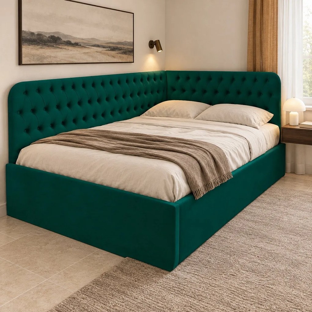 Pat tapițat pentru copii din catifea Elyra 140×200 cm, verde, colț stânga, cu ladă de depozitare