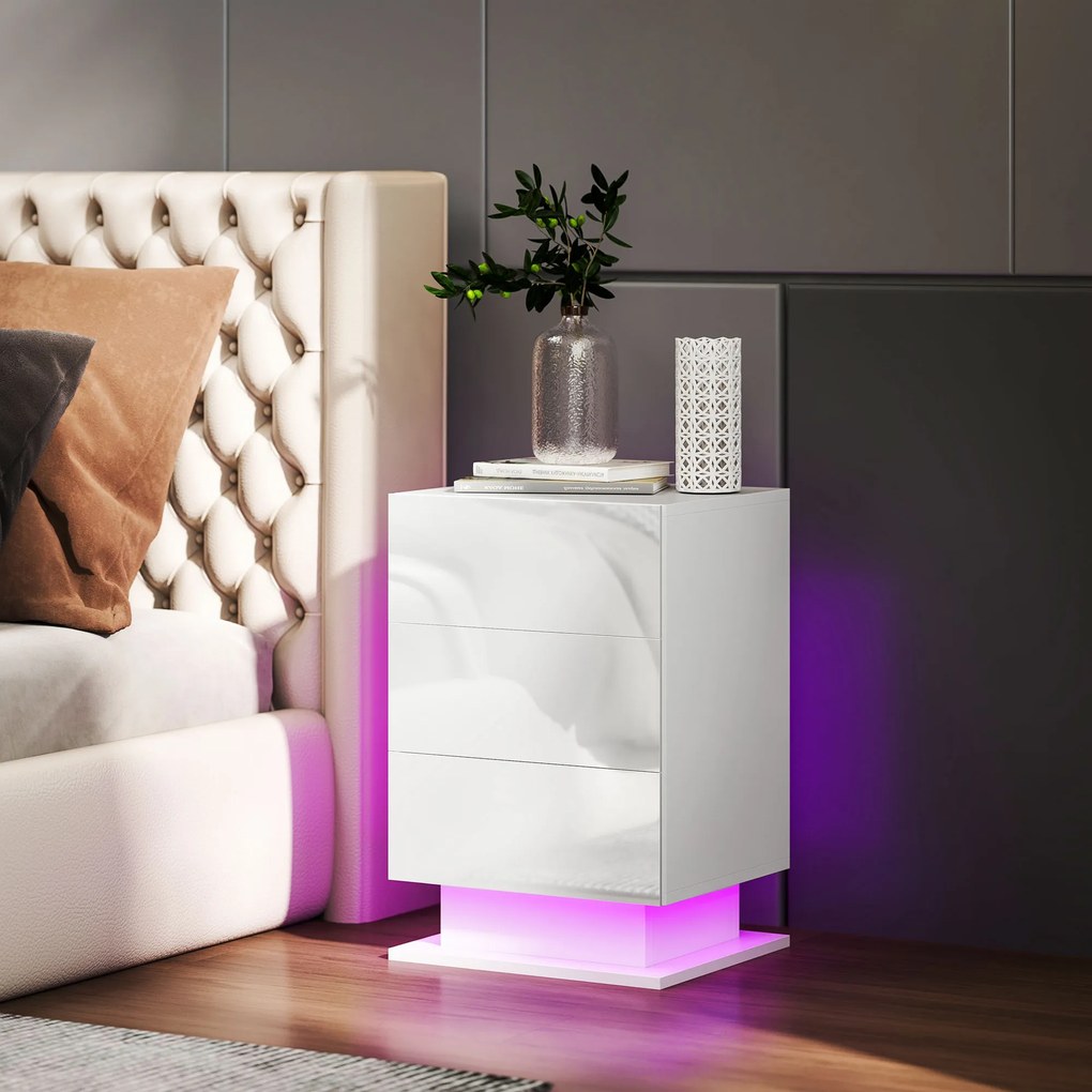 HOMCOM Noptieră cu Lumini LED Reglabile, 3 Sertare și Telecomandă, 40x35x60 cm, Alb | Aosom Romania