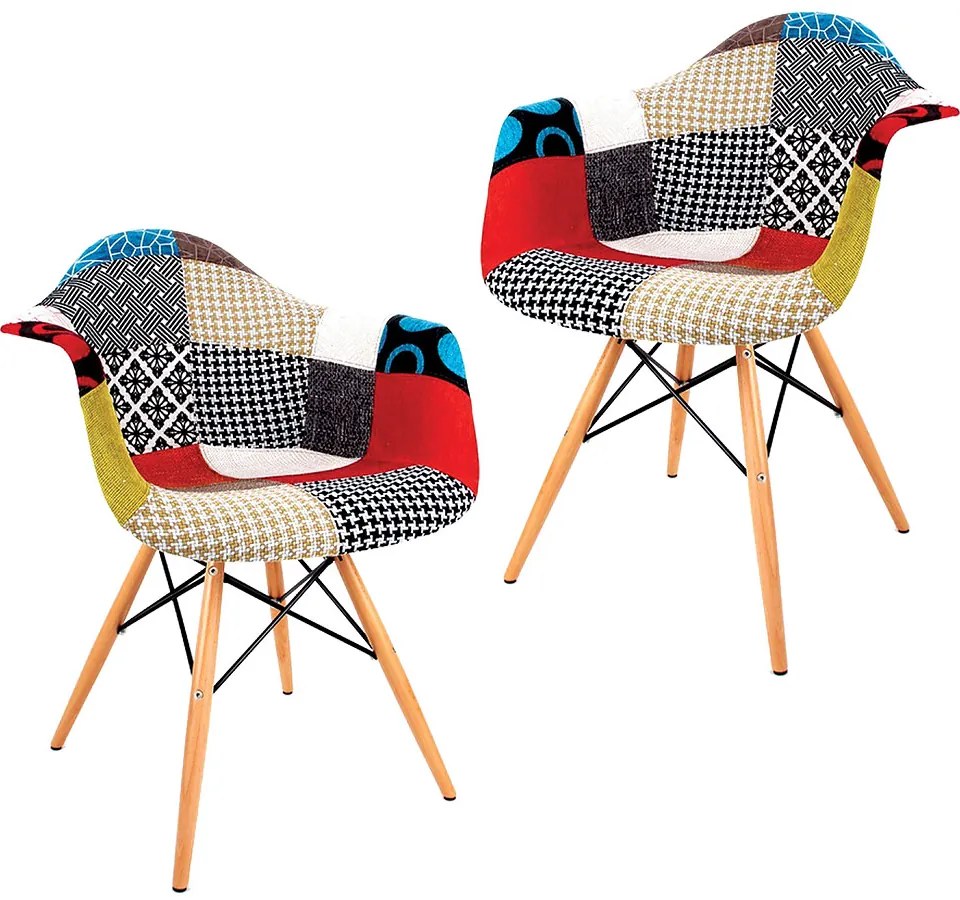 SET 2 SCAUNE CU BRATE DESIGN SHELL, MODEL PATCHWORK, SEZUT TAPITAT TEXTIL, PICIOARE LEMN