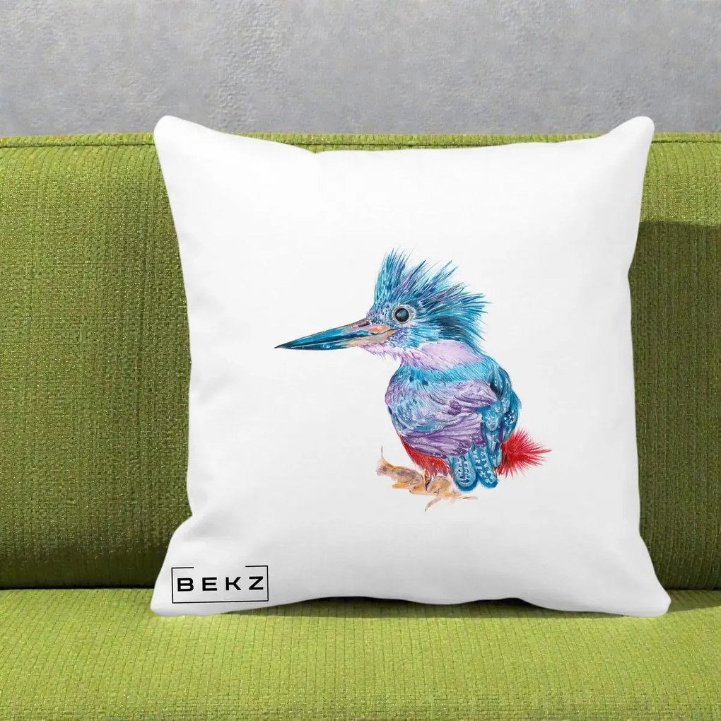 Perna Decorativa Pasare Martin Pescar Acuarela Albastru-Mov, 40x40 cm, Alba Mata, Husa Detasabila, Perna Inclusa, BEKZ®