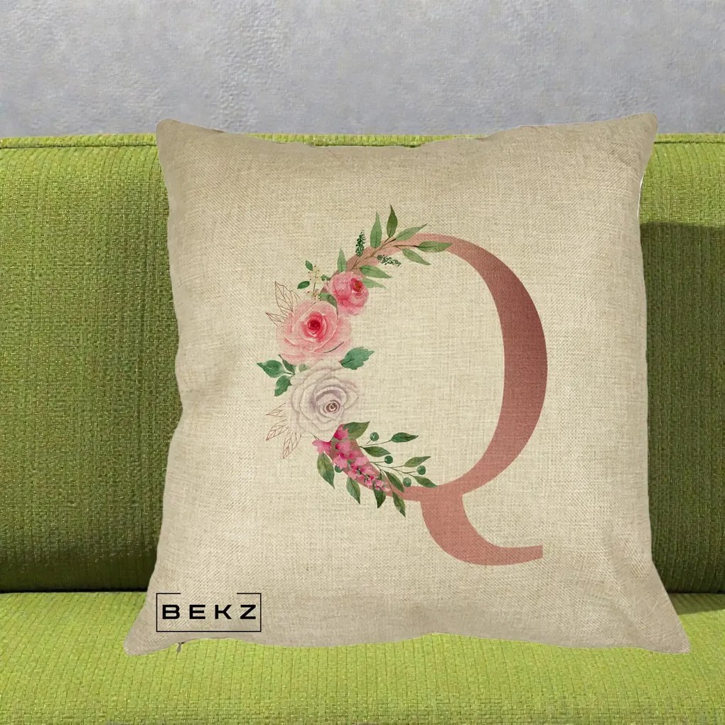 Cadou Personalizat - Perna Personalizata Monograma Rose Gold Litera Q, 40x40 cm, Crem, Husa Detasabila, Perna Inclusa, BEKZ®