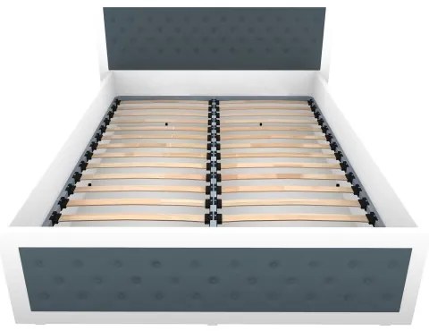 Pat Torino 140x200 cm cu somiera metalica rabatabila si lada, Alb / Piele ecologica gri