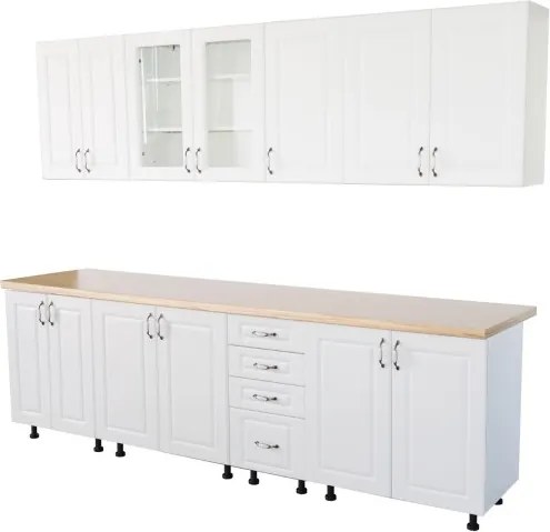 Bucatarie Zebra 260 cm din MDF Alb Lucios cu blat termoizolant imitatie artar