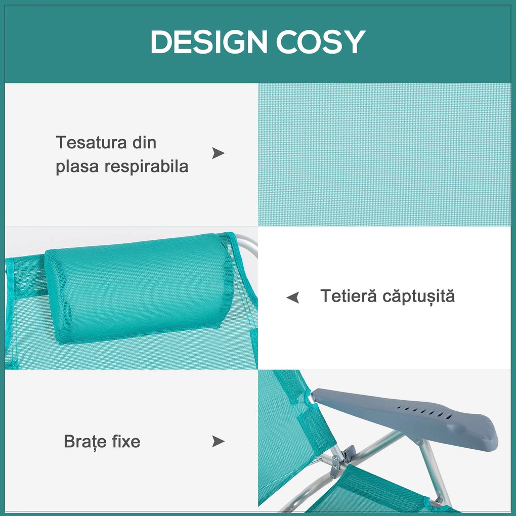 Outsunny Set 2 Scaune de Camping Pliabile cu Tetieră Căptușită și Spătar Reglabil în 6 Poziții, 62x65x80 cm, Albastru | Aosom Romania