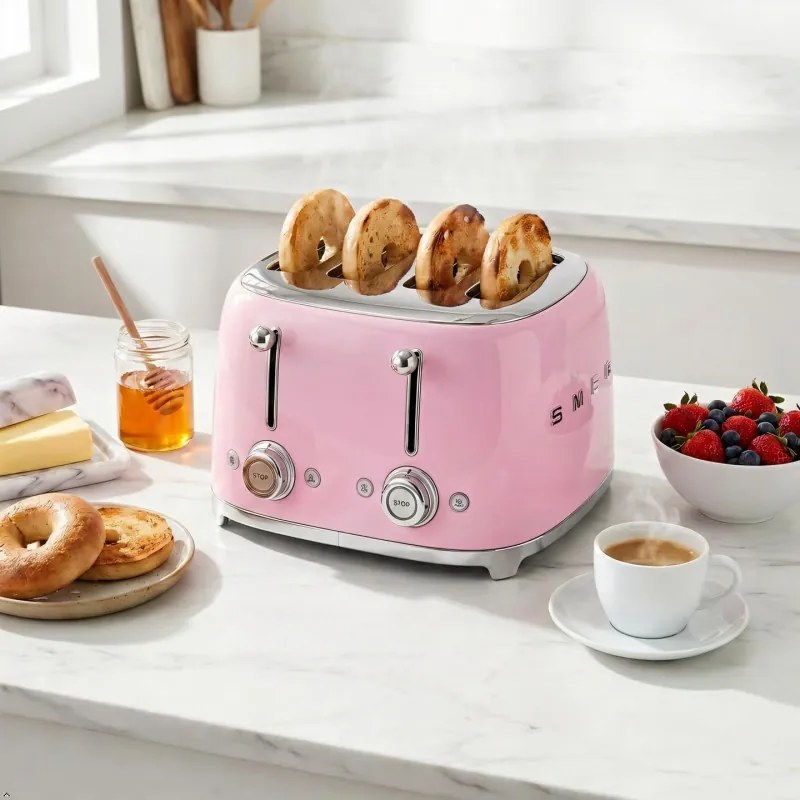 Prăjitor de pâine SMEG 50's Style TSF03PKEU, 2000 W, 4 felii, 6 niveluri, Tava pentru firimituri, Cablu integrat, Oțel inoxidabil, Roz