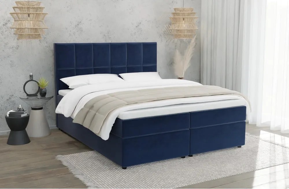 Pat boxspring albastru închis cu spațiu de depozitare 180x200 cm Flip – Ropez
