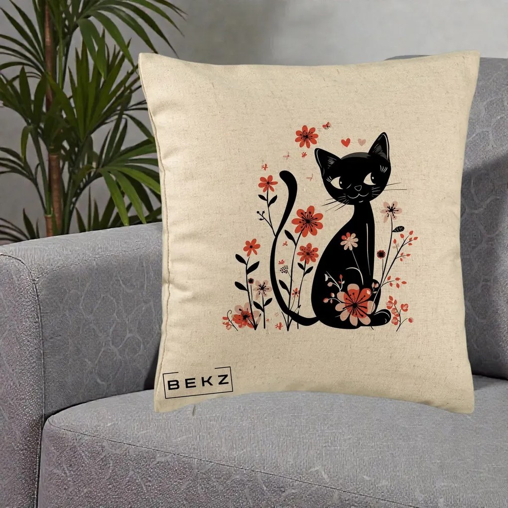 Perna Decorativa Pisica Neagra Flori Roz si Inimi, 40x40 cm, Bej, Husa Detasabila, Perna Inclusa, BEKZ®