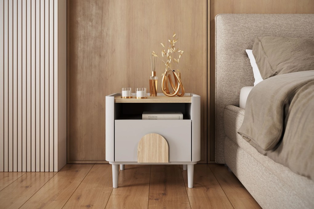Noptieră Amilio 50 cm - cashmere / stejar uleiat / mânere stejar deschis
