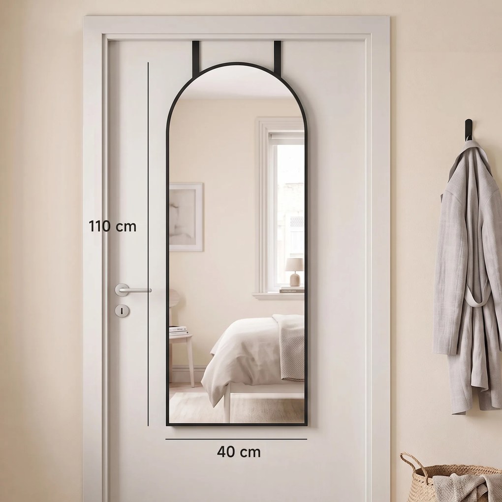 HOMCOM Oglindă de Perete Arcuită 110x40 cm, Ramă din Aluminiu, Cârlige, Design Modern, Negru | Aosom Romania