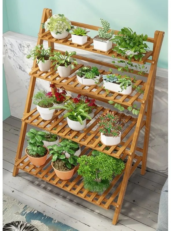 Suport pentru flori din bambus cu scară - 4 rafturi practice