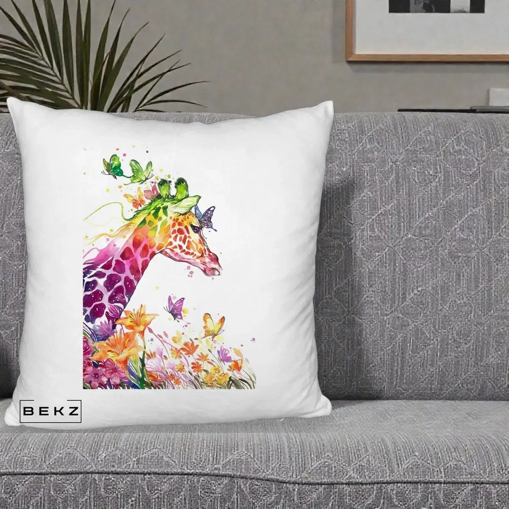 Perna Decorativa Girafa Curcubeu Acuarela, 40x40 cm, Alb Pufos, Husa Detasabila, Perna Inclusa, BEKZ®