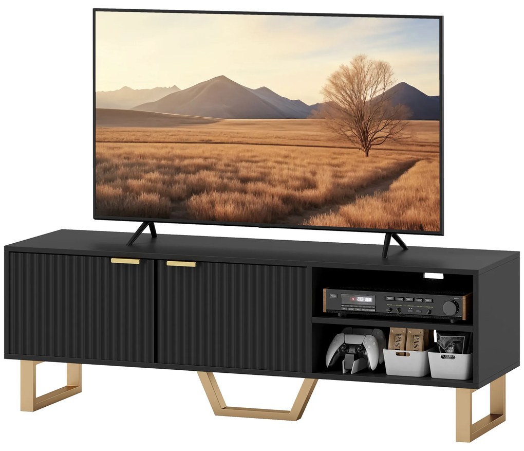 HOMCOM Mobilier TV banc TV pentru televizor de până la 70 de inch - dulap cu 2 uși canelate, compartiment deschis și trecere cabluri | Aosom Romania