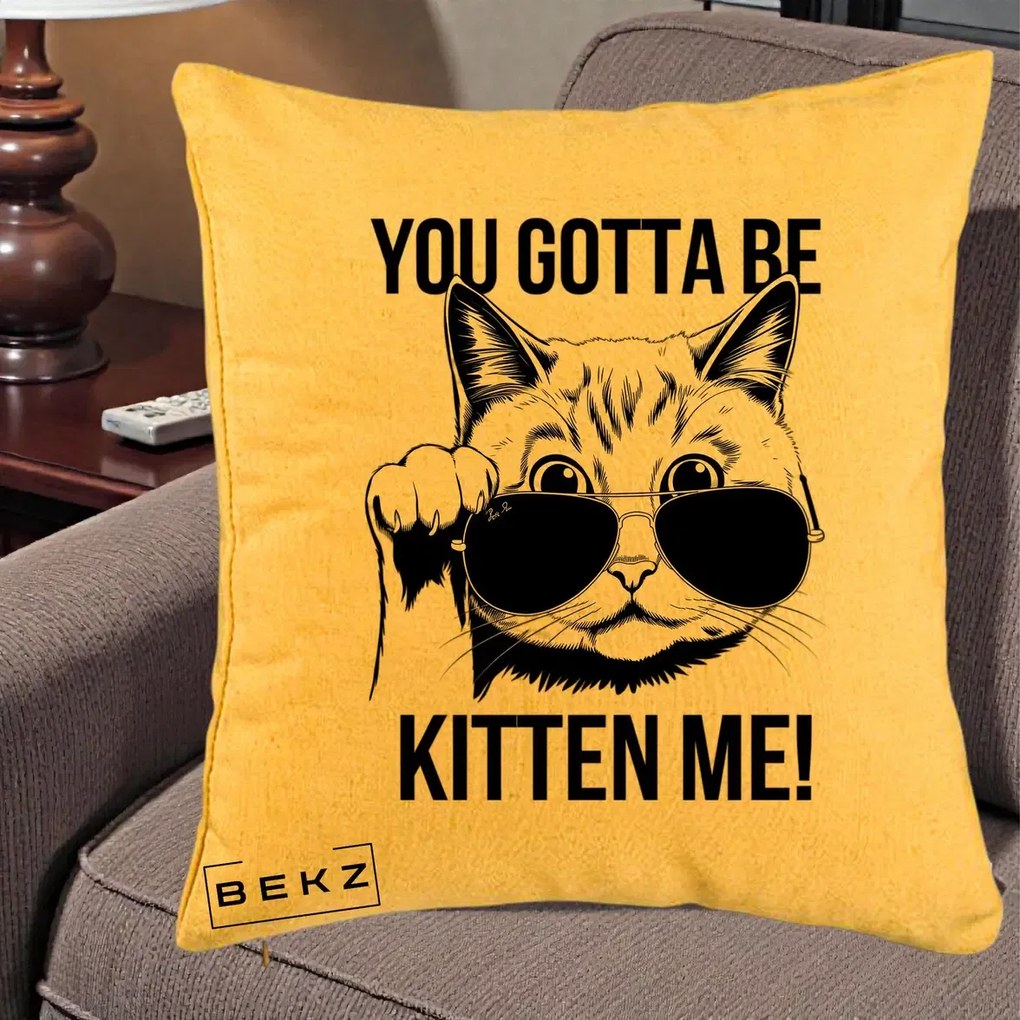 Perna Decorativa You Gotta Be Kitten Me!, 40x40 cm, Galben, Husa Detasabila, Perna Inclusa, BEKZ®