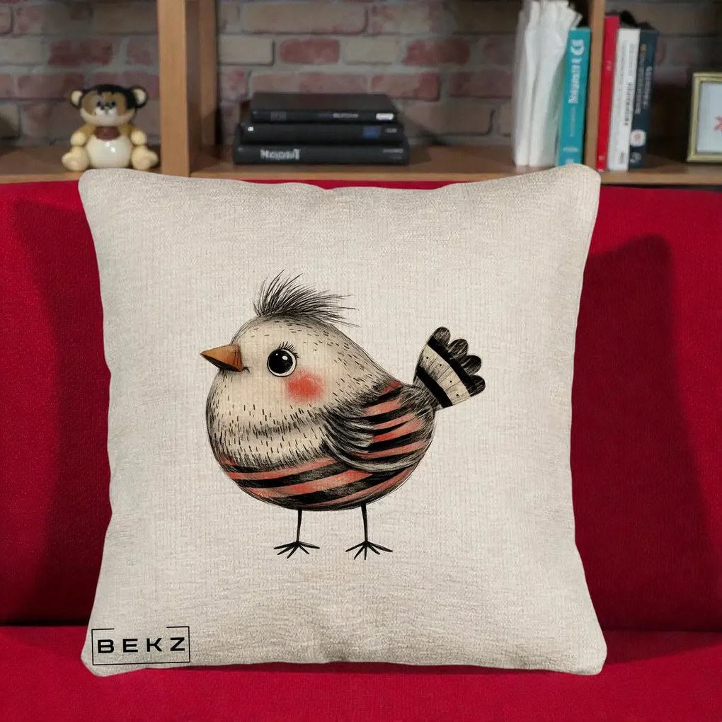 Perna Decorativa Pui Expresiv Dungi Negru-Rosu, 40x40 cm, Bej Canapea, Husa Detasabila, Perna Inclusa, BEKZ®