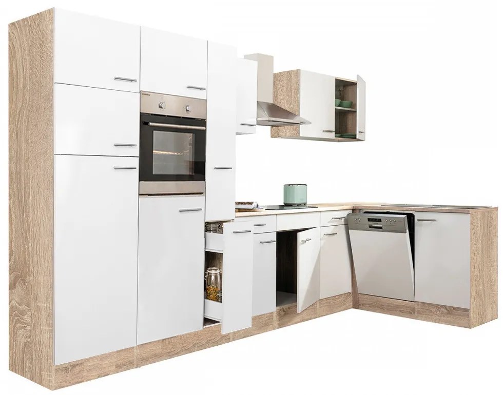 Dulap de bucătărie de colț Yorki 370, corp din stejar Sonoma, cu față alb satinat