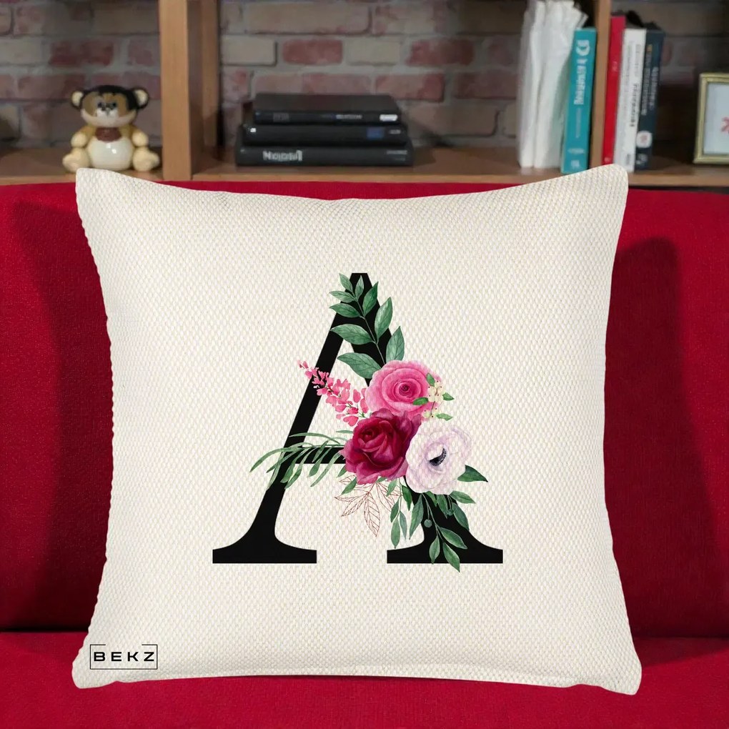 Cadou Personalizat - Perna Personalizata Monograma Florala Litera A, 40x40 cm, Crem Reliefat, Husa Detasabila, Perna Inclusa, BEKZ®