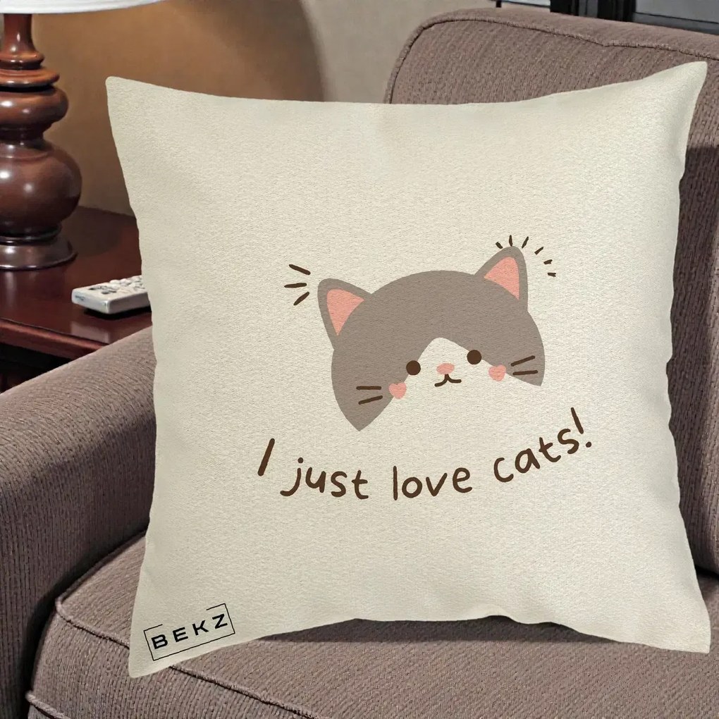 Perna Personalizata I Just Love Cats Pisica Kawaii, 40x40 cm, Ecru, Husa Detasabila, Perna Inclusa, BEKZ®