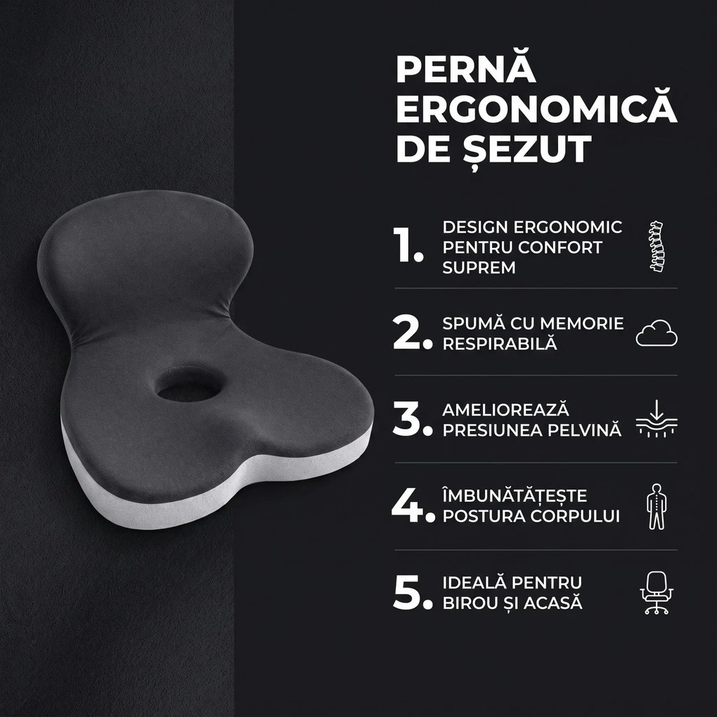 Perna ortopedica 2-in-1 sezut si suport lombar, forma L, memory foam, Gri Inchis