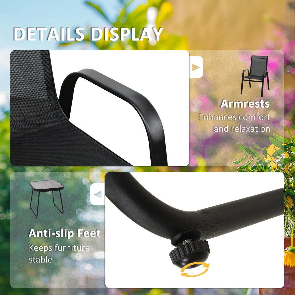 Outsunny Set Bistro de Exterior din 3 Piese, 2 Fotolii Stivuibile cu Țesătură Respirabilă și Măsuță de Cafea, 45x45,5x45,5 cm, Negru | Aosom Romania