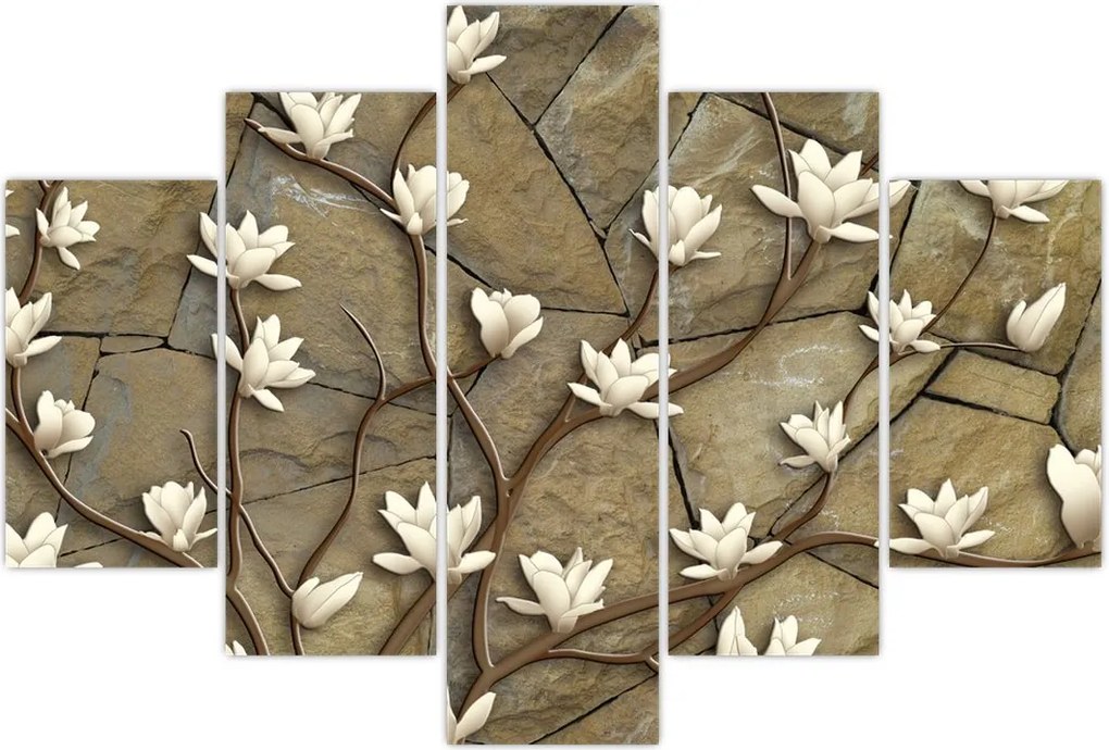 Tablou - Magnolii albe pe zidărie de piatră (150x105 cm)