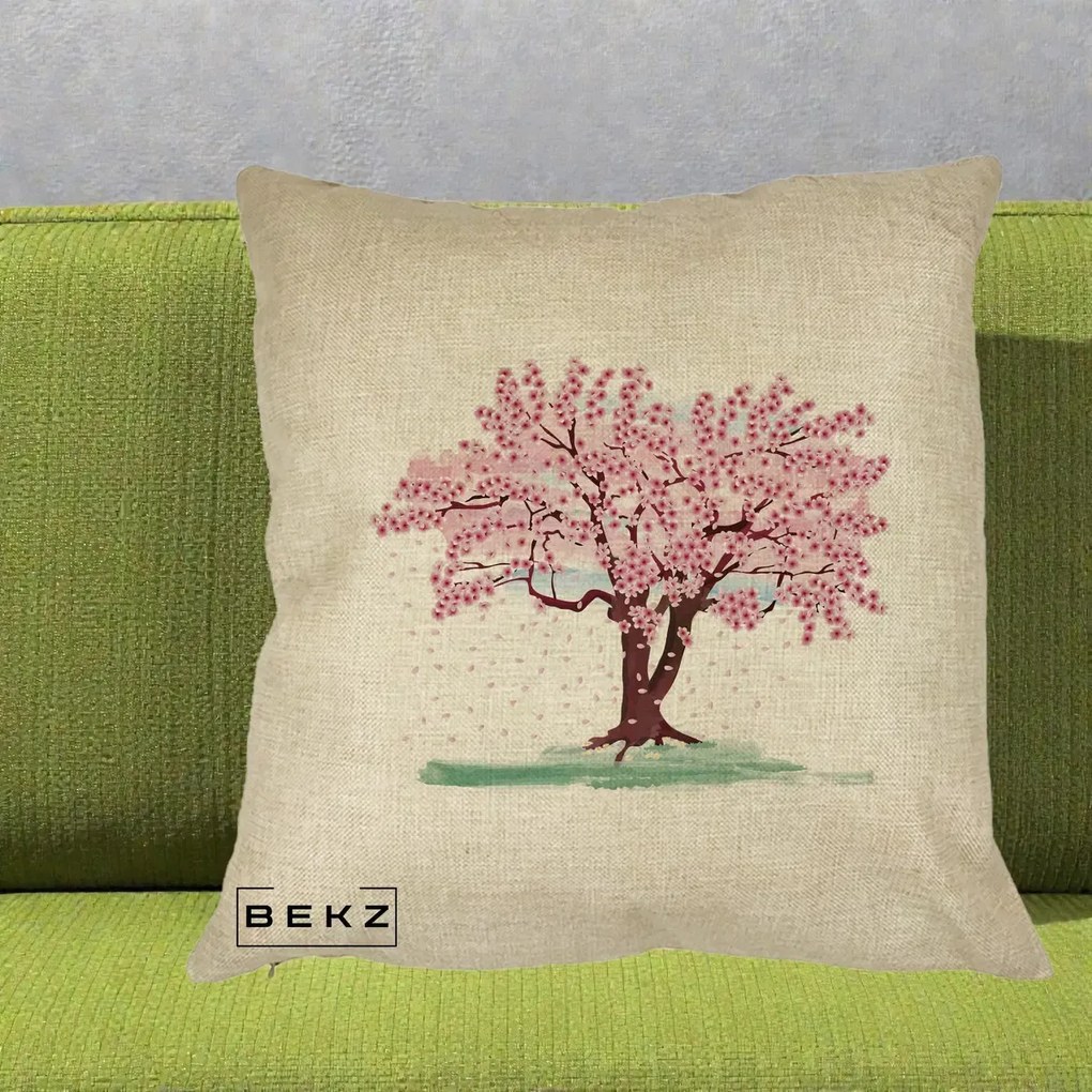 Perna Decorativa Cires Inflorit Acuarela, 40x40 cm, Crem, Husa Detasabila, Perna Inclusa, BEKZ®