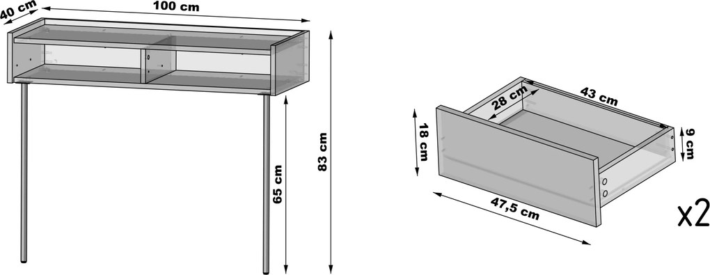 Consolă Dunari 100 cm cu sertare și picioare metalice - stejar Dunin
